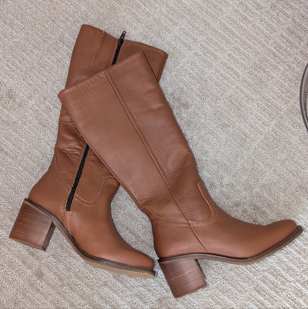 NWOT Portland Leather Patina Oslo‎ Knee High Boots In Cognac 5.5